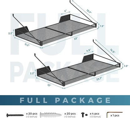 Garage Wall Shelf (2PCS-23.6"x12"x2.2") Steel Wall Shelf Storage Rack-design of TRIANGULAR BRACKET, Wall Mount Heavy Duty Metal Shelves Mesh Storage Rack for Garage, Office, Basement Kitchen, Closet