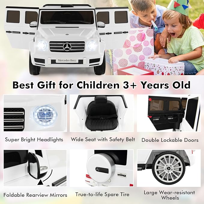 HONEY JOY Ride On Car, 12V Licensed Mercedes Benz G500, Battery Powered Ride On Truck, Lights, Music, Rocking Mode, Slow Start, Electric Cars for Kids Boys Girls (White)
