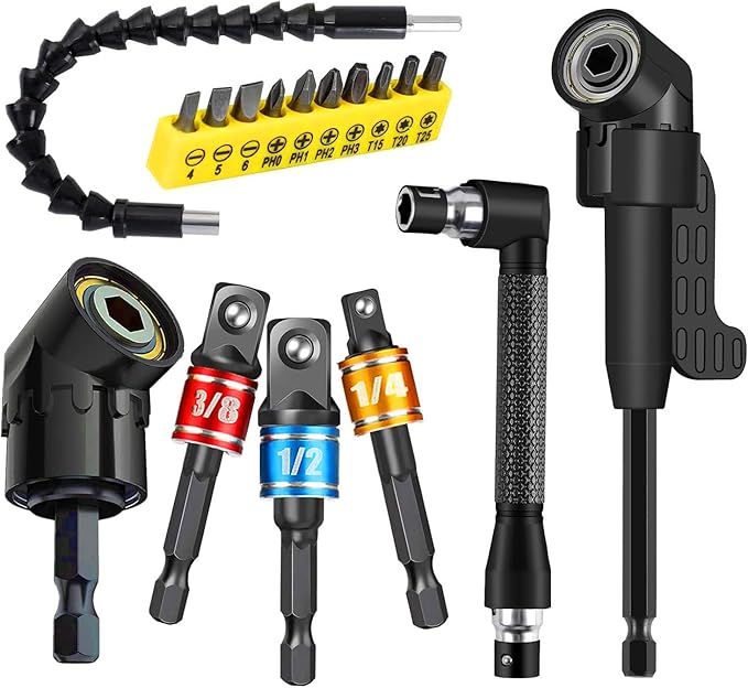 17pcs Flexible Drill Bit Extension, Include 3pcs Impact Socket Adapter 2pcs Hex Shank 105° Right Angle Drill Attachment 10 Short Screwdriver Bits Bendable Drill Bit Extension and 90° Angled Bits