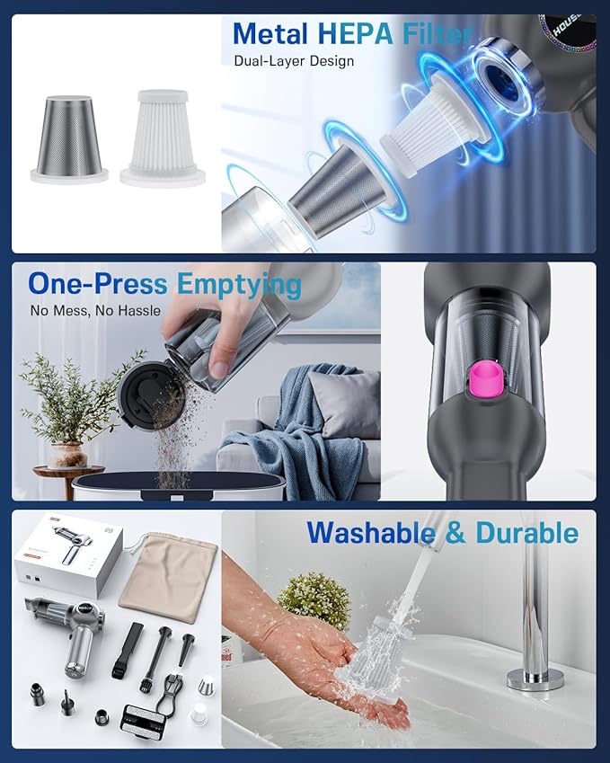 Handheld Car Vacuum Portable Cordless 25000Pa High Power Small Mini Hand Vacuum Cleaner Rechargeable 4-in-1 Compressed Air Duster Blower Pump Wireless Handheld Vac for Car Office Desktop Home Cleaning