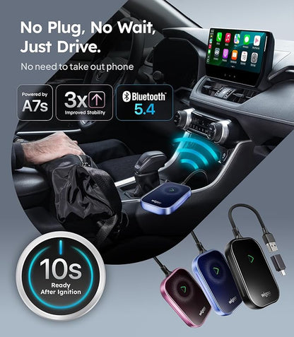 Wigoo 2025 Upgrade Wireless CarPlay Adapter for iPhone [Long-Drive Stability, 10s Connect, Easy Use] Converts Wired to Wireless, Low Delay CarPlay Dongle, Fit for Cars with Wired CarPlay, Pink