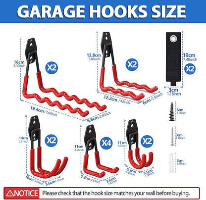 Garage Hooks 14PC,Shed Organizer with 1 Extra Round Strengthen Welding Spot,Garage Hooks for Hanging & Organizing Shovel,Rake,Chair,Hose(red)
