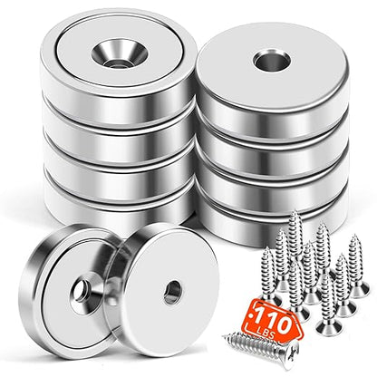 MIKEDE Strong Magnets Heavy Duty, 110LB Neodymium Cup Magnets with Countersunk Hole, Stainless Screw for Wall Mounting, Rare Earth Round Base Disc 1.26" D x 0.2" H - 10 Pack