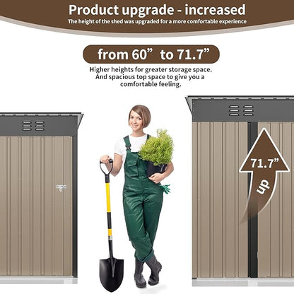 WKM 5x3 FT Outdoor Storage Shed, Utility Metal Tool Storage with Lockable Doors and Updated Frame Structure, Large Metal Garden Shed for Backyard, Patio Lawn,Brown