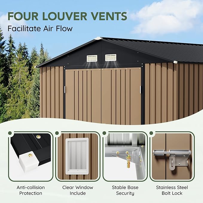 10x10 FT Outdoor Metal Storage Shed, Double Swing Doors, 2 Clear Windows,Tool Shed for Garden, Patio, Backyard Brown