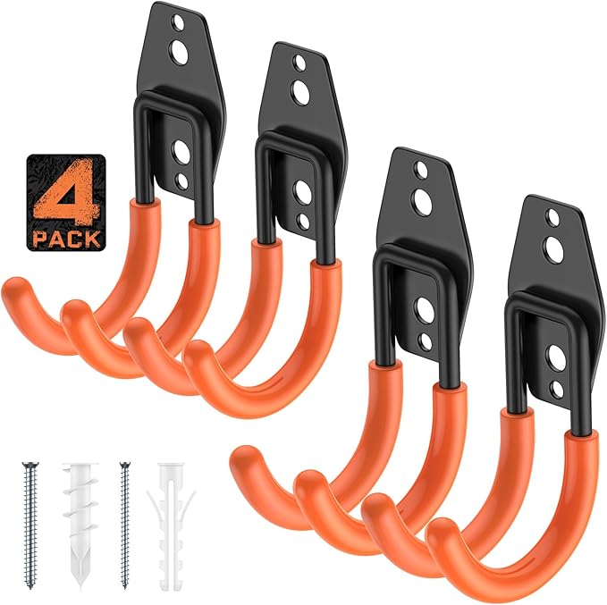 4 Pack 4.7x2.6 Inch Utility Steel Wall Mount Heavy Duty Garage Hooks with Anti-Slip Coating,Storage More Yard,Garden and Power Tools and for Hanging Hose,Ladder and Bike