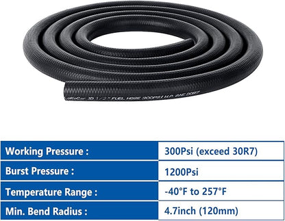 LokoCar Rubber Fuel Hose Line Push Lock 1/2" ID SAE 30R7 NBR 10ft 300PSI Black
