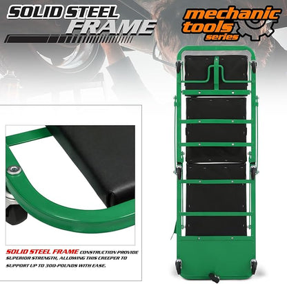 M-AUTO Heavy-Duty Convertible Mechanic Creeper, Z-Creeper 2-in-1 Creeper and Seat 48" Padded Adjustable Headrest Roller Garage Chair with 7 Swivel Casters for Washing, Detailing, Maintenance, Green