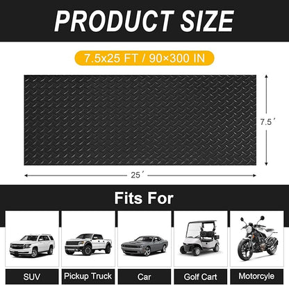 7.5x25 FT Garage Floor Mat, 2.8mm Thickened Flooring Roll for Under Car with 20Pcs Tapes, 188SQFT Diamond Plate, Non-Slip Floor Protector Mat for Garage, Warehouse, Gyms, Trailer(Black)