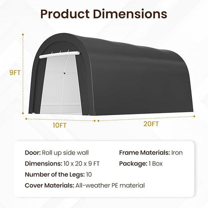 Kiss the Water Carport, Round Portable Garage, Steel Heavy Duty Carport with Ground Stakes, Tensioner and 2 Roll Up Windows PE Fabric Car Port, Garage, Storage Shed, Tent for Storage, SUV (10x20 Ft)