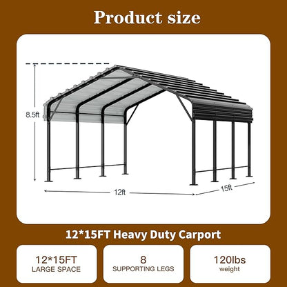 Walsunny Metal Carport 12x15 FT Heavy Duty Carport Canopy with Enhanced Base, Outdoor Car Shelter with Galvanized Steel Roof and Frame Garage for Truck, SUV, Boat, Gray