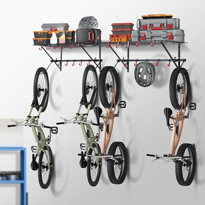 VEVOR Bike Storage Rack, 4 Bike Racks, Wall Mount Bike Storage Hanger with 2 Shelves, Home and Garage Organizer, Customizable for Various Bike Sizes, Adjustable Holder, Holds Up to 500 lbs, 63-inch