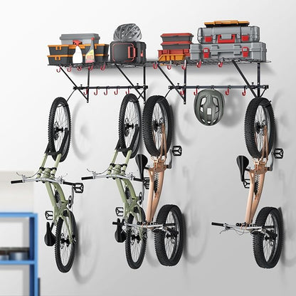 VEVOR Bike Storage Rack, 4 Bike Racks, Wall Mount Bike Storage Hanger with 2 Shelves, Home and Garage Organizer, Customizable for Various Bike Sizes, Adjustable Holder, Holds Up to 500 lbs, 63-inch