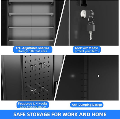 Metal Storage Cabinet with Wheels, Pegboard and 4 Hooks, 73" H Garage Storage Cabinet with 4 Adjustable Shelves and 2 Lockable Doors for Garage Home Office Warehouse, Black, Assembly Required