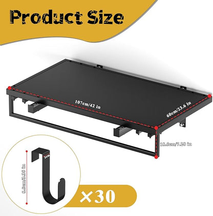 2pcs Garage Wall Shelving - 42in Extra Large Heavy Duty Floating Shelves with 30 Hooks, Load Capacity 1102 Lbs, Hanging Garage Storage Rack, Tool Hanger Organizer Utility Rack, For Home, Workshop