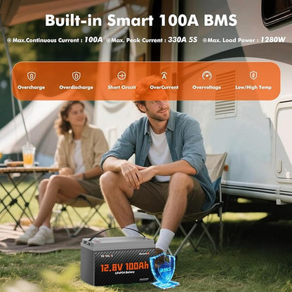 12V 100Ah LiFePO4 Bluetooth Battery Group31,Low Temp Protection, Built-in Smart 100A BMS, 5000+ Cycles, 1.28 kWh Energy, Perfect for Solar, Off-Grid, RV, Trailer, Trolling Motor, Home Backup