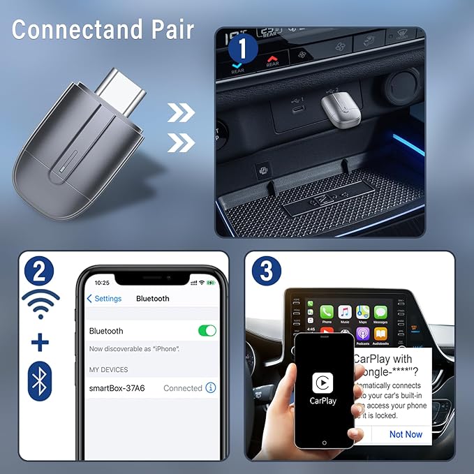 Wireless CarPlay Adapter for Apple, Easy to Upgrade Wired CarPlay to Wireless, Plug & Play, Mini Size with USB A & Type-C, Bluetooth Wireless Control Adapter for Cars from 2017 and iOS 10+ (Silver)