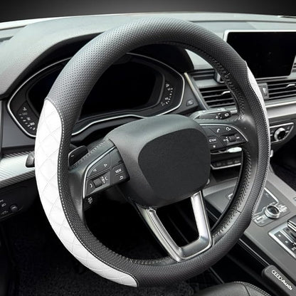 LKWLIKEI Nappa Leather Steering Wheel Cover, Elegant Diamond Checkered Design, Non-Slip wear-Resistant, Enhance Driving Comfort, Suitable for Steering Wheel Diameter 14 1/2‘-15’ Models.Black White