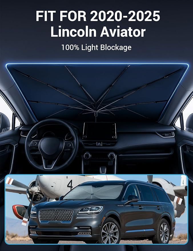 Proadsy Windshield Sun Shade Umbrella for Lincoln Aviator 2020-2025 Foldable Car Umbrella Sunshade with Soft TPU Handle Spring Structure Crystal Cooling Material Protect Car from Rays & Heat