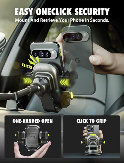 Bracketron OneClick Flexible Phone Holder for Car Dashboard,Windshield & Vent,3 in 1 Car Phone Holder with 7" Adjustable Gooseneck Arm,360 Rotation Car Phone Mount for All iPhone Android Smartphone.