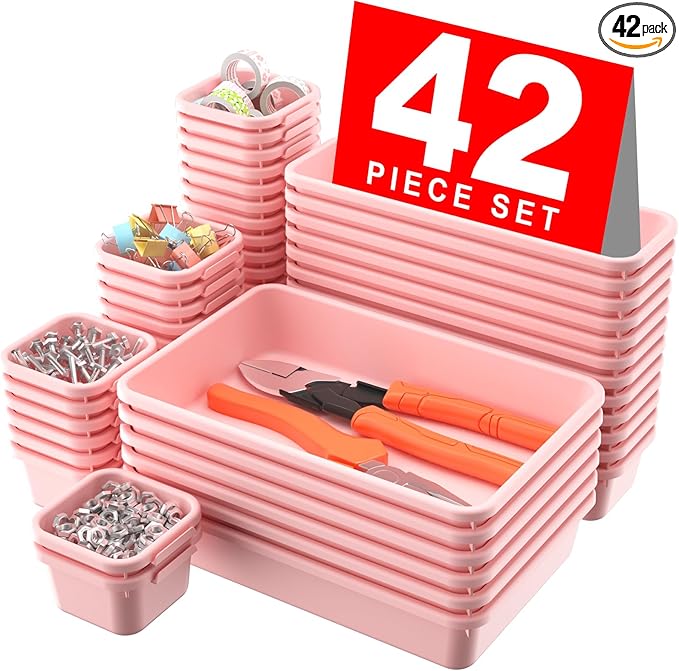 A-LuGei 【𝟰𝟮𝗣𝗖𝗦】【Pink】 Tool Box Organizer Tray Divider Set, Desk Drawer Organizer, Garage Organization and Storage Toolbox Accessories for Rolling Tool Chest Cart Cabinet Work Bench Small Parts