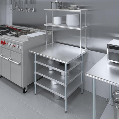 Amgood 30" x 36" Stainless Steel Work Table with 3 Shelves and 12" Wide Double Tier Overshelf | Metal Kitchen Prep Table & Shelving Combo | NSF