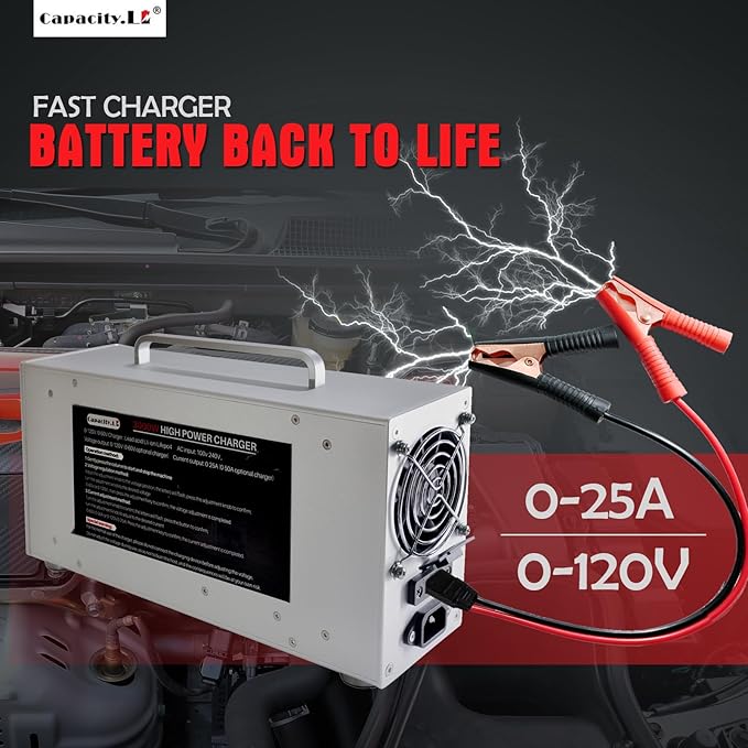 High Power Battery Charger, 0-120V Upgraded Design LifePO4 Battery Charger, One Click Control Adjustable Current/Voltage for LiFePO4 Lithium Iron Rechargeable Battery((0-25A)