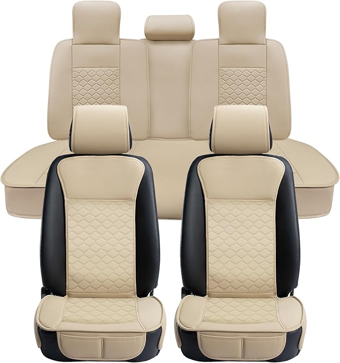 Elantrip Car Seat Cover Full Set Leather Car Seat Protector Universal fit for Most Cars SUVs and Trucks Water Proof Front and Rear Seat Protector Beige