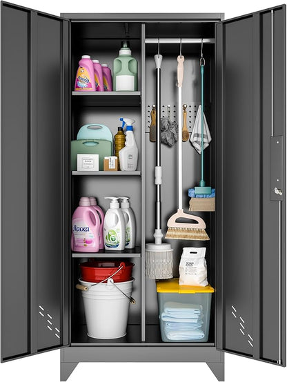 61" H Metal Storage Cabinet, Storage Shed with Shelves for Brooms and mops, Cleaning Supplies Closet with Removable Pegboard for Outdoor, Garage, Utility Room