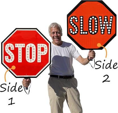 SmartSign 24" LED Stop/Slow Paddle, Rechargeable Battery & Charger, 2-Sided Reflective Hand Held Aluminum Sign with Strap, Steady/Flashing Light Modes, Foam-Padded Grip, 1-Pack