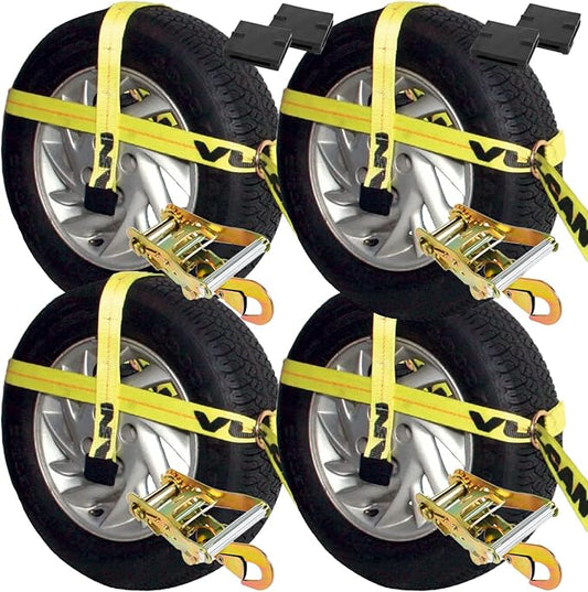 VULCAN Car Tie Down Kit - Adjustable Loop - Snap Hooks - Classic Yellow - Complete Kit Includes 4 Straps and 4 Ratchets