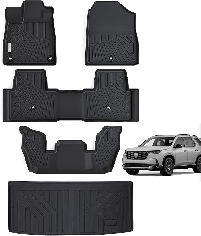 Floor Mats & Trunk Mat for 2023 2024 2025 Honda Pilot Sport/Touring/Elite/TrailSport/EX-L，TPE All Weather Protection Car Floor Liners with Cargo Liners- Black