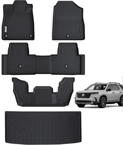 Floor Mats & Trunk Mat for 2023 2024 2025 Honda Pilot Sport/Touring/Elite/TrailSport/EX-L，TPE All Weather Protection Car Floor Liners with Cargo Liners- Black