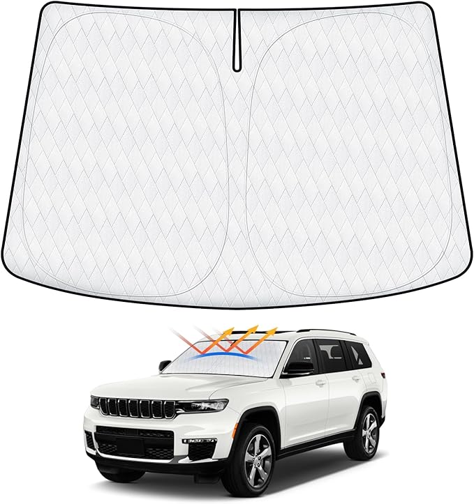Windshield Sun Shade Fit for Jeep Grand Cherokee/Grand Cherokee L 2021-2024 2025, Sunshades for Grand Cherokee Accessories Foldable Window Sun Shade Sun Visor UPF50+