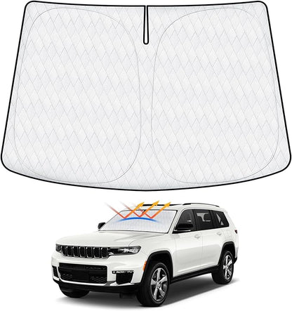 Windshield Sun Shade Fit for Jeep Grand Cherokee/Grand Cherokee L 2021-2024 2025, Sunshades for Grand Cherokee Accessories Foldable Window Sun Shade Sun Visor UPF50+