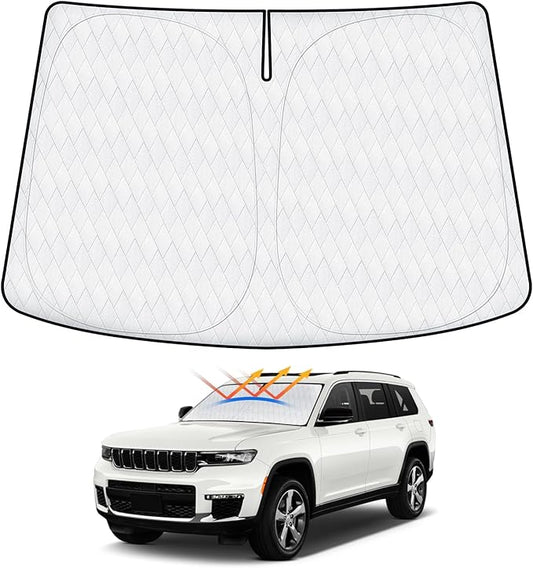Windshield Sun Shade Fit for Jeep Grand Cherokee/Grand Cherokee L 2021-2024 2025, Sunshades for Grand Cherokee Accessories Foldable Window Sun Shade Sun Visor UPF50+