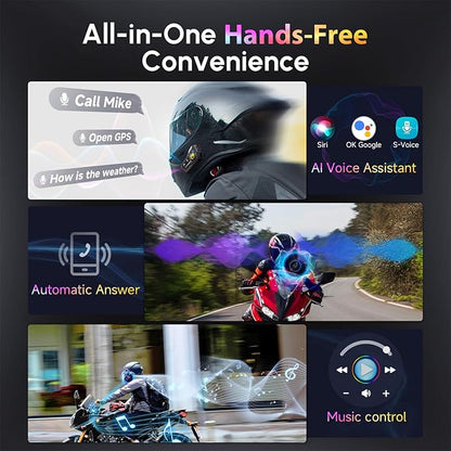 Motorcycle Helmet Headset, Moman RS-H4P Motorbike Headphone with Hi-Fi Speakers Dual Noise Reduction【New Upgrade】in RGB/FM/Glove-Friendly Button/Soft & Hard Mic/AI Voice/IPX6 Earphone for Solo Riding