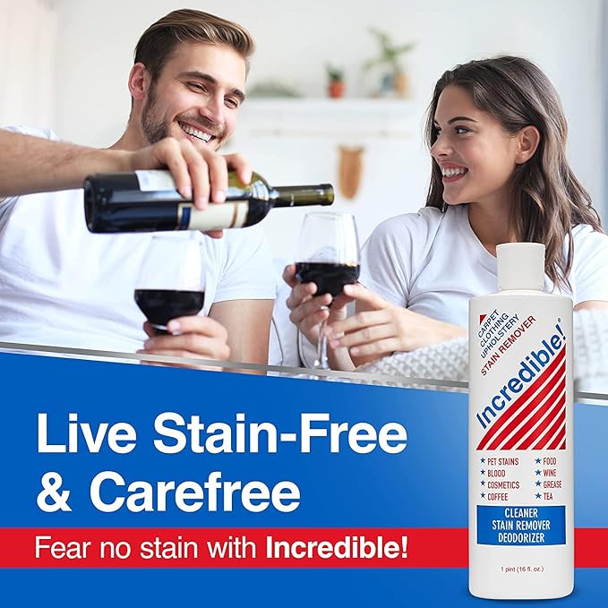 INCREDIBLE! Stain Remover - Instant Spot Remover For New and Old Stains - Blood, Red Wine, Coffee, Urine, Cosmetics, Pet Stains and Odor Eliminator - Carpets, Mattress, Laundry, 16.oz (2 Pack)