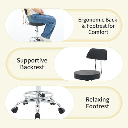 Rolling Stool with Back,Adjustable Height Foot Rest Rolling Salon Chair 19.5’’-26.6’’,Black Ergonomic Stool (Black)
