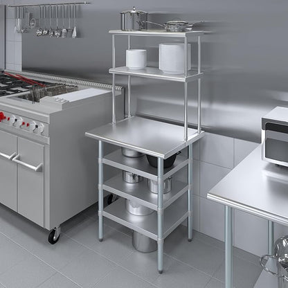 Amgood 24" x 30" Stainless Steel Work Table with 3 Shelves and 12" Wide Double Tier Overshelf | Metal Kitchen Prep Table & Shelving Combo | NSF