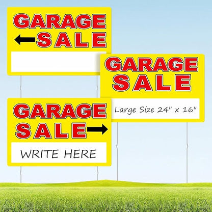 Garage Sale Sign, Large Size 24" x 16" Garage Sale Signs with Stakes, 3PCS Double-Sided Large for Sale Sign with Directional Arrow, Corrugated Plastic Weatherproof Suitable for Yard Sale