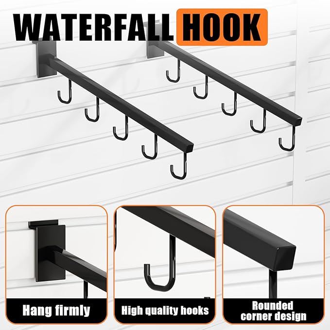 10-Pack 17-Inch Slatwall Waterfall Display Hooks with 5 J-Hooks – Black Slanted Arm Rack for Hanging Apparel, Bags & Accessories