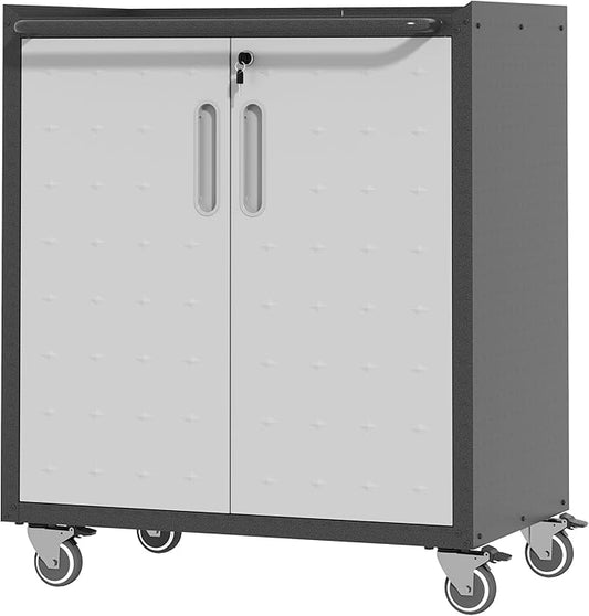 Metal Storage Cabinet with Wheels, Rolling Tool Cabinet with Doors and Shelves, Lockable Garage Storage Cabinet, Assembly Required (Black & Grey)