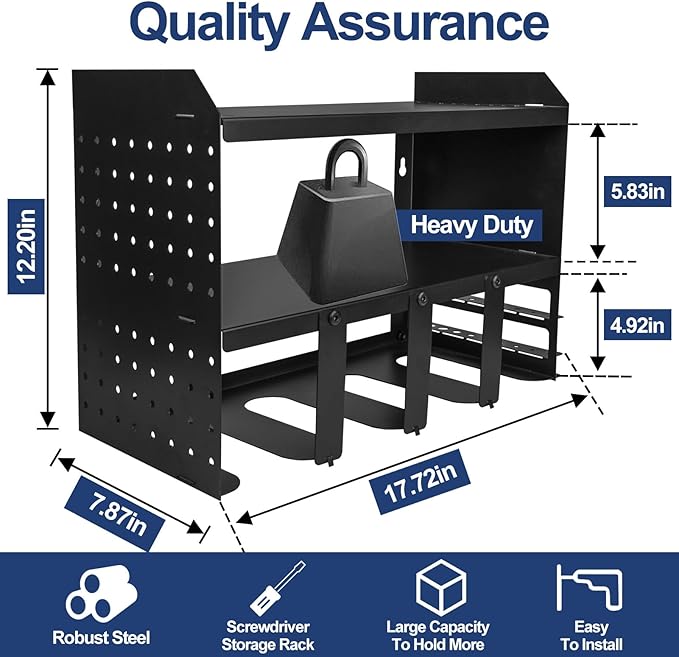 Heavy-Duty Power Tool Organizer Wall Mount, 3-Tier Drill Storage Rack with Dual Side Pegboards and 4 Hooks, Perfect for Garage, Workshop, Tool Room - Ideal Gift for Men, Black