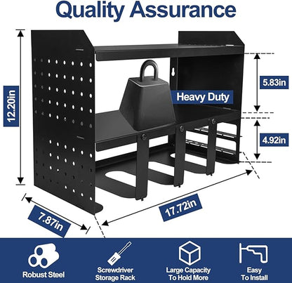 Heavy-Duty Power Tool Organizer Wall Mount, 3-Tier Drill Storage Rack with Dual Side Pegboards and 4 Hooks, Perfect for Garage, Workshop, Tool Room - Ideal Gift for Men, Black