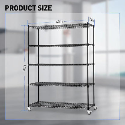 5 Tier Wire Shelf Shelving Unit, 60"x 24"x82" Metal Storage Shelves, Heavy Duty Garage Storage Shelves with Wheels, Chrome 3000LBS Capacity Wire Shelf Rack for Restaurant, Garage, Pantry, Kitchen