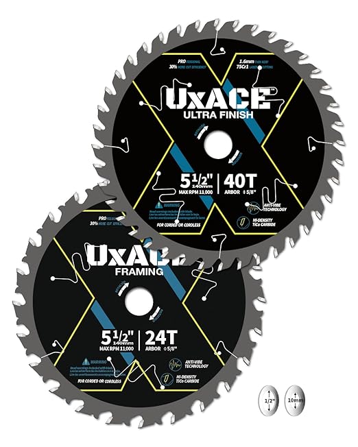 5-1/2-Inch 24&40-Tooth Circular Saw Blade with 5/8-Inch Arbor, Framing & Ultra Finish Wood Cutting, Carbide Tip, Thin Kerf, for Plywood, MDF, OSB, Laminated, 2 Pack