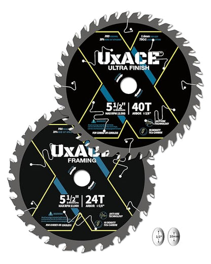5-1/2-Inch 24&40-Tooth Circular Saw Blade with 5/8-Inch Arbor, Framing & Ultra Finish Wood Cutting, Carbide Tip, Thin Kerf, for Plywood, MDF, OSB, Laminated, 2 Pack