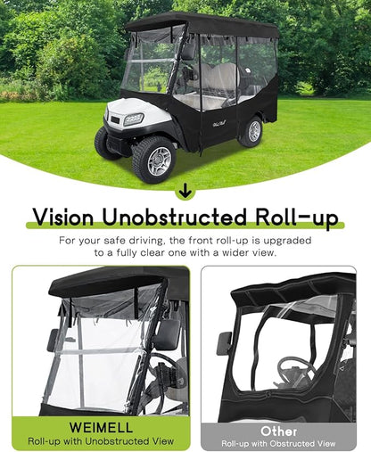 Golf Cart Enclosure 4 Passenger for Club Car Tempo Onward Extended Roof Waterproof Transparent Driving Rain Cover Fit 4-Seater with 4-Sided Clear Windows Mirror Zipper Roll-up Door Black