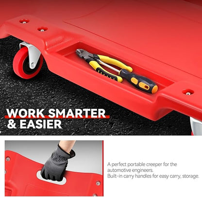Auto Dynasty 36 Inches Mechanic Creeper, Automotive Garage Repair Low Profile Under Car Rolling Creeper with Padded Headrest, Plastic, Red